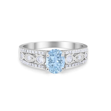 Art Deco Wedding Ring Oval Simulated Aquamarine CZ 925 Sterling Silver
